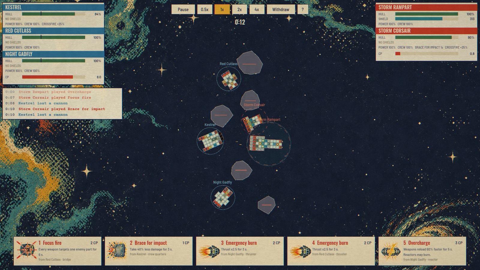 Drydock’s illustrated space battlefield showing fleets fighting and command cards along the bottom