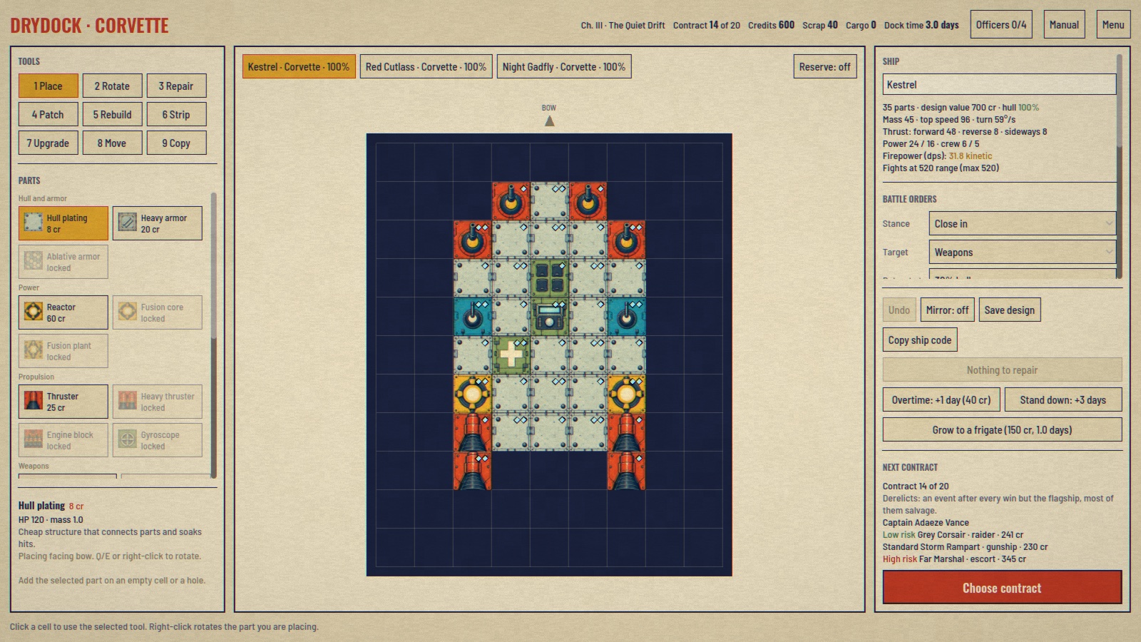 The Drydock ship editor showing a custom warship, its parts, upgrades, and battle orders